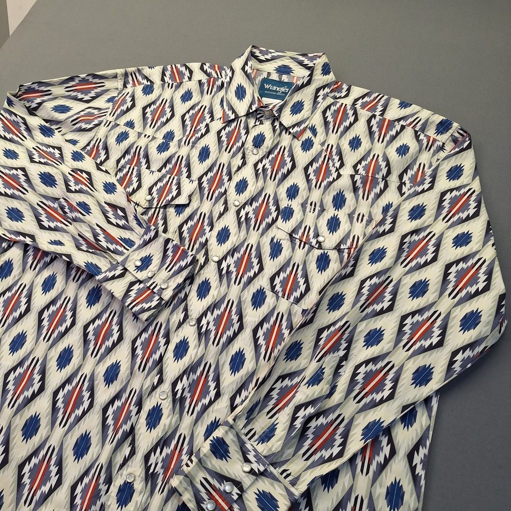 Wrangler Western Sportswear Mens Large Blue Orange Geometric Pearl Snap Shirt